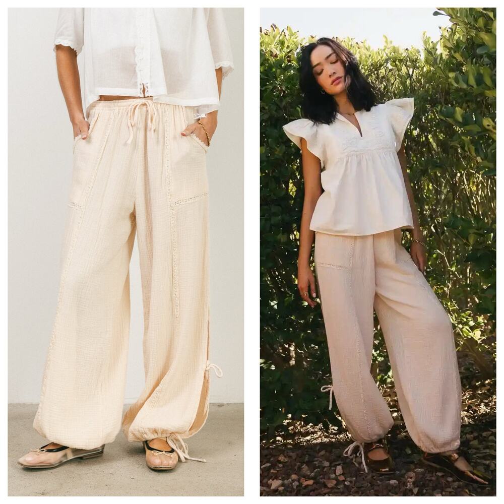NWT Bohme Avery Crinkle Joggers Oatmeal Size Small Bohemian Balloon Leg Cotton
